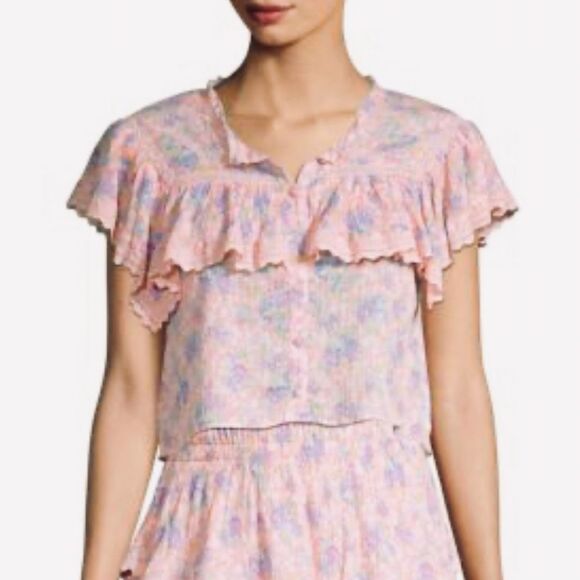 LOVESHACKFANCY Lanya Cherry Top Large Ruffle White Pink Embroidered Pink Tuscany - Picture 1 of 8